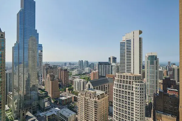 Chicago cityscape view with One Hundred East Huron skyscraper 