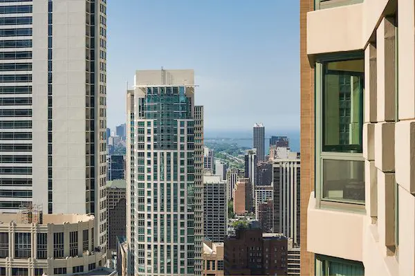 Aerial view of Chicago - One Hundred East Huron skyscraper 
