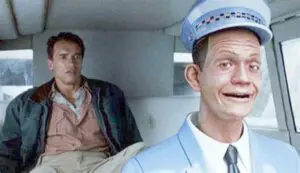 man in car with robot driver