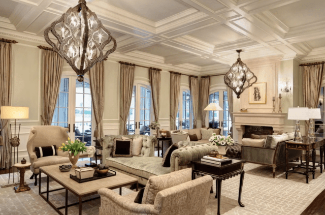 Wahlberg's living room with chandeliers 