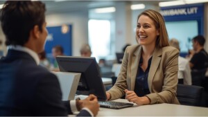 Bank teller helping a customer resolve an issue to prevent early account attrition