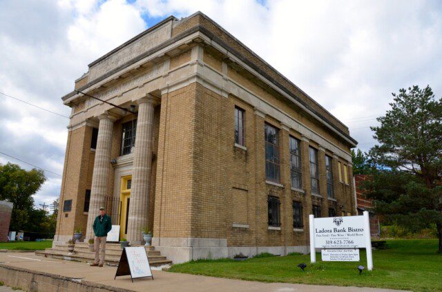 Ladora Bank Bistro exterior in Iowa, highlighting its Classical Revival design 
