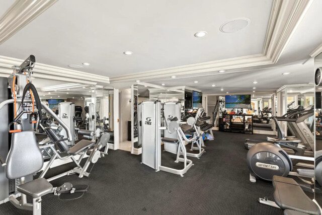 Fully equipped home gym with mirrors, machines, and flooring