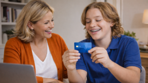 Parent and child learning financial literacy with a debit card in a digital banking setting
