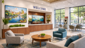 Bank branch interior with local art and modern design