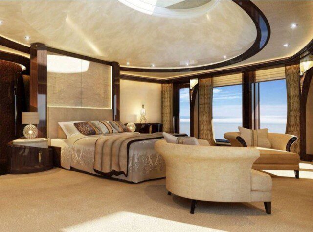 Spacious master bedroom suite on the Kismet, owned by Shahid Kahn