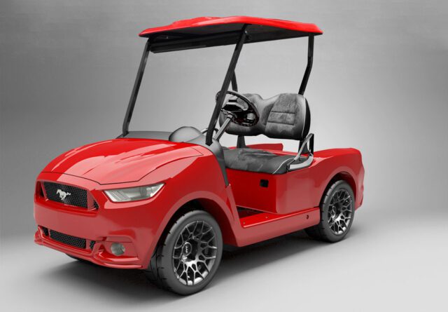 Customized red classic Ford Mustang golf cart