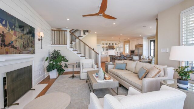 OCNJ Beachfront Living Room: White Furniture & Ceiling Fan 