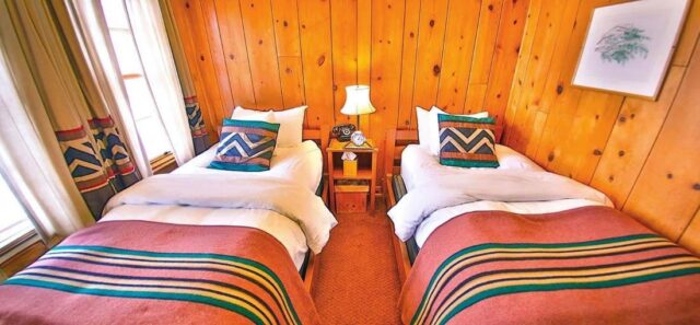 Timberline Lodge twin beds, a peaceful contrast to the unsettling twins in The Shining 