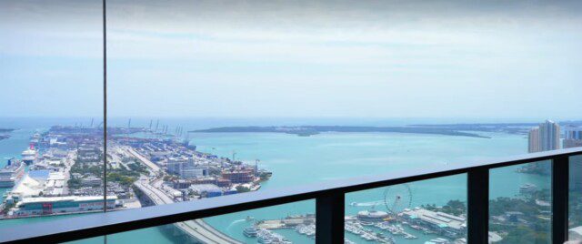 Balcony offering breathtaking waterfront views from Loren Ridinger’s Miami condo 