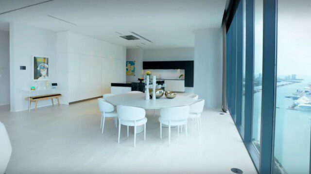 Minimalist dining area inside Ridinger’s Miami penthouse