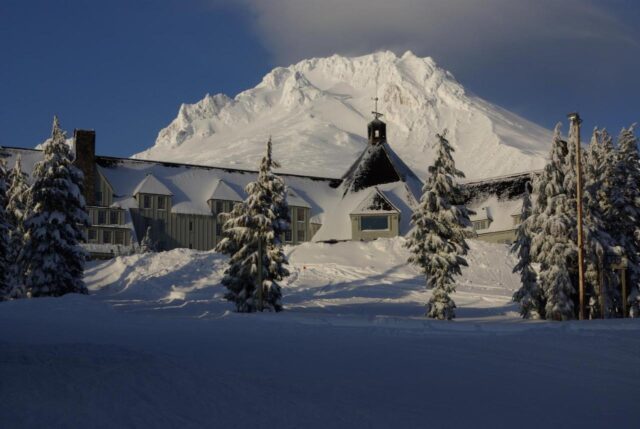 Snow-covered Timberline Lodge exterior, evoking the isolated and eerie atmosphere seen in The Shining 