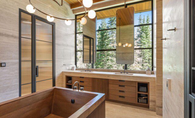 Master bathroom with modern fixtures in Russell Weiner’s former Utah home. 