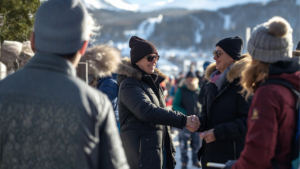 Bankers and clients networking at a winter mountain retreat