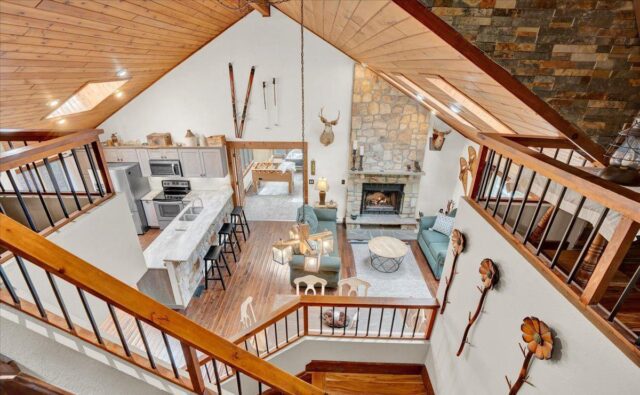 PA mountain lake house - Open-concept living room, kitchen (aerial view) 