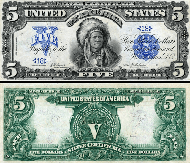 Close-up of a U.S. $5 silver certificate (1899 series) showing the portrait of Húŋkpapȟa Lakota chief Running Antelope